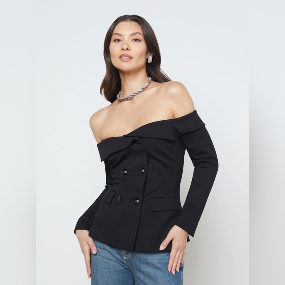 NWT $525 L'Agence Stephan Off-The-Shoulder Stretch-Ponte Blazer Black